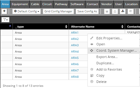 1. Select "Coordinate System Manager..." option from an Area object's context menu in Area tab in Object Grid